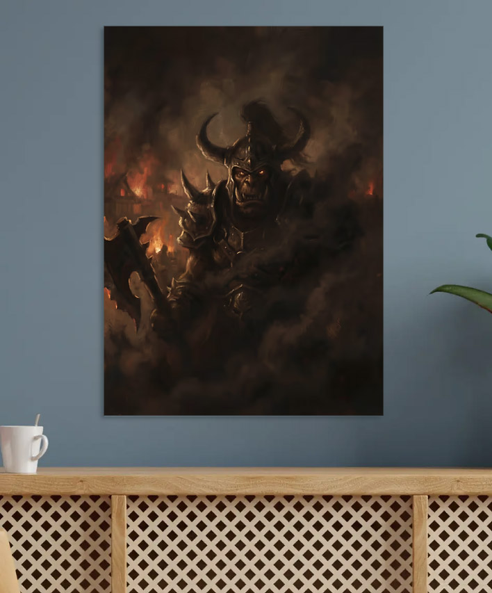 Orc Warrior in Burning Village — metal poster wall art by Lineer